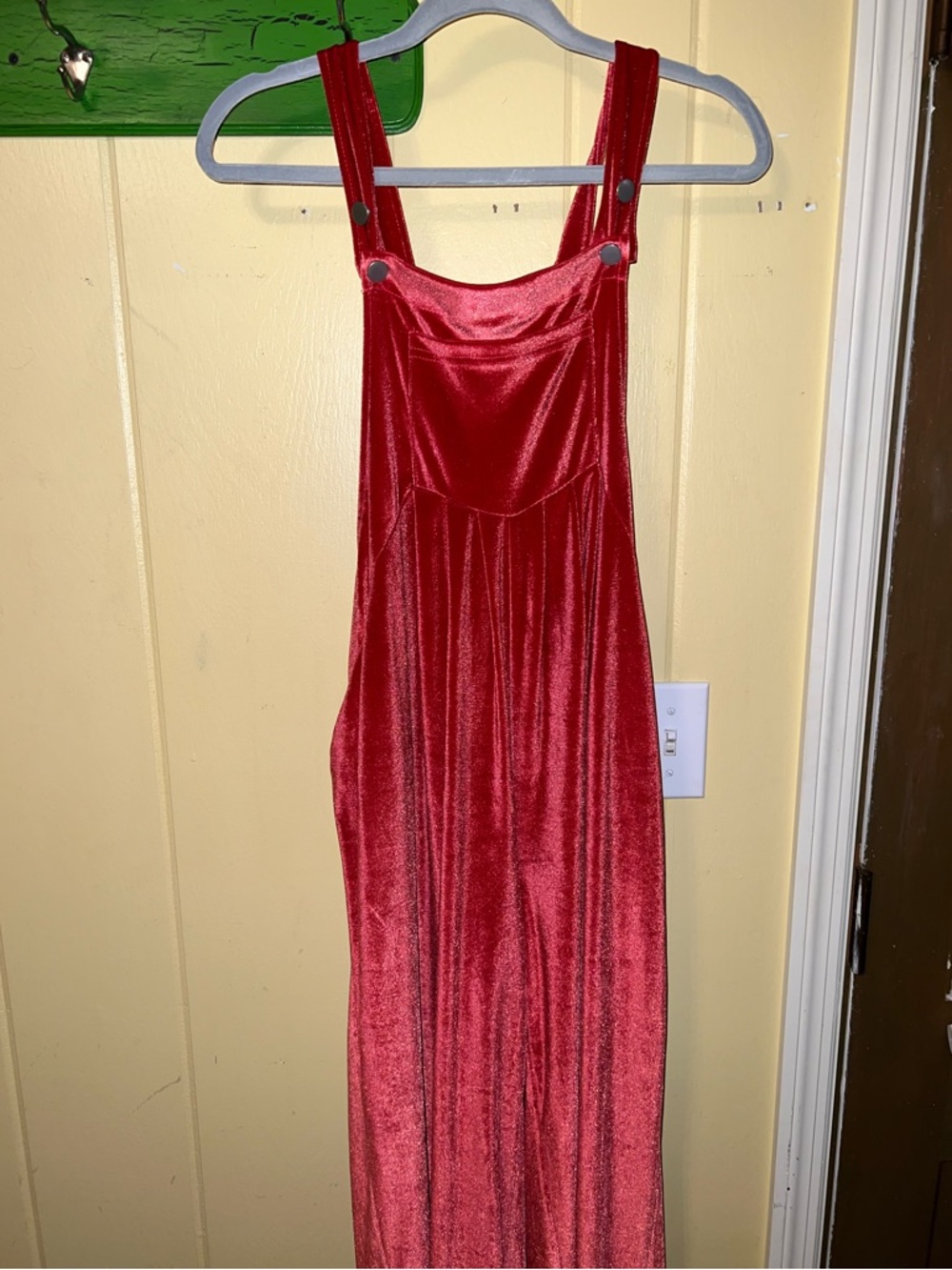 Red Velvet Wide-Leg Chic Boho Bib Jumpsuit Overalls With Silver Buttons Size L - Picture 3 of 13